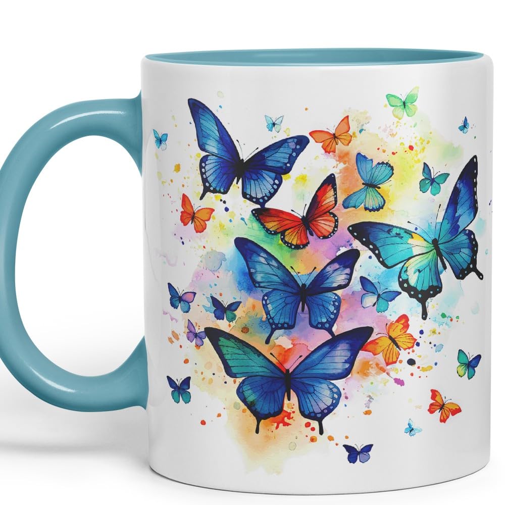 Vixar Ceramic Mug “Blue Butterflies” – Coloured Coffee & Tea Mug Cup 11oz 330ml (Cambridge Blue)