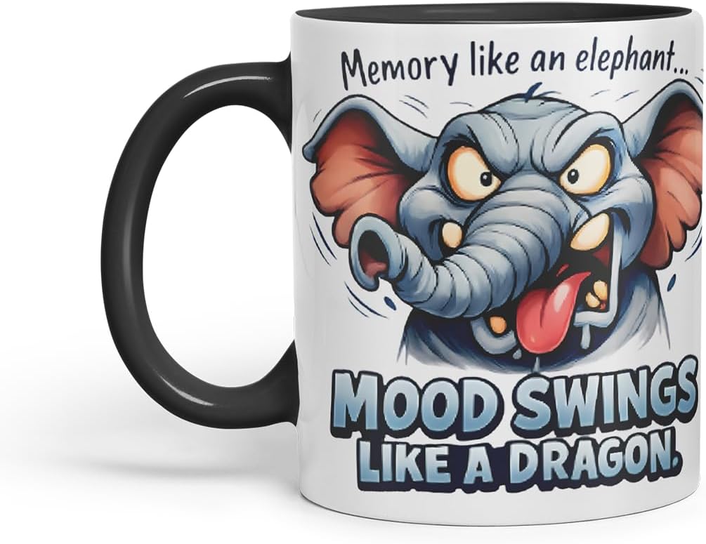 Vixar Memory Like an Elephant Mood Swings Like A Dragon Funny Elephant Mug – Coloured Ceramic Mug Cup Gift, 11oz (Black)