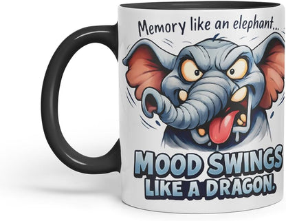 Vixar Memory Like an Elephant Mood Swings Like A Dragon Funny Elephant Mug – Coloured Ceramic Mug Cup Gift, 11oz (Black)