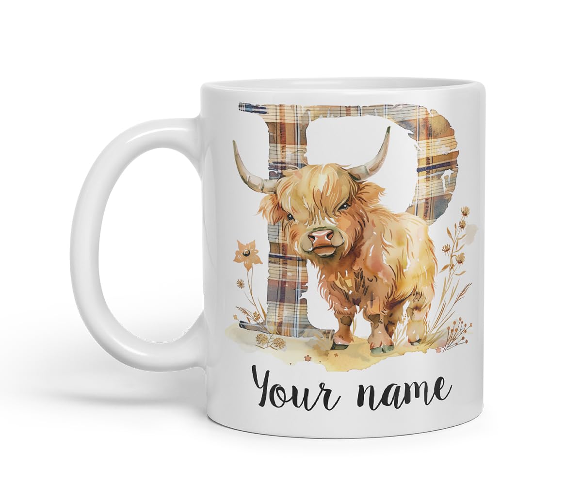 Vixar Personalised Highland Cow Initial Letter P Custom Name Mug – Coloured Ceramic Mug Cup Gift, 11oz