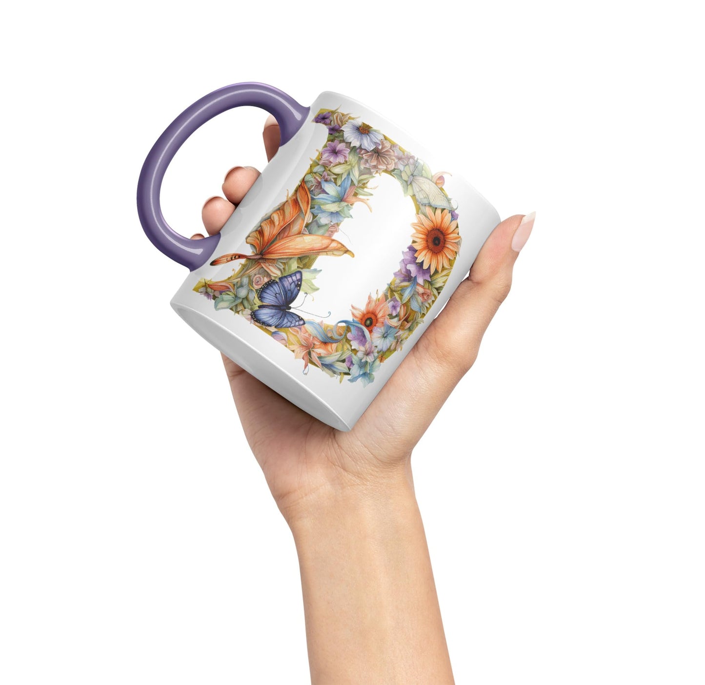 Letter D mug, Floral flowers butterfly Alphabet Letter D Monogram watercolour Ceramic Coloured Mug Cup for Tea Coffee Hot brew 330ml 11Oz Gift