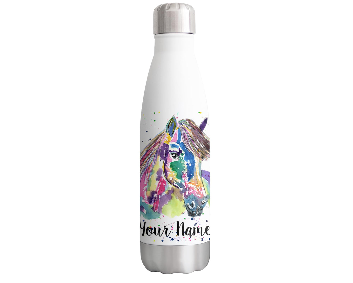 Vixar Pony Personalised Custom Bottle with your Text/name Watercolour Art small Horse Bottle double Wall insulated Stainless steel sport Drinks 500ml