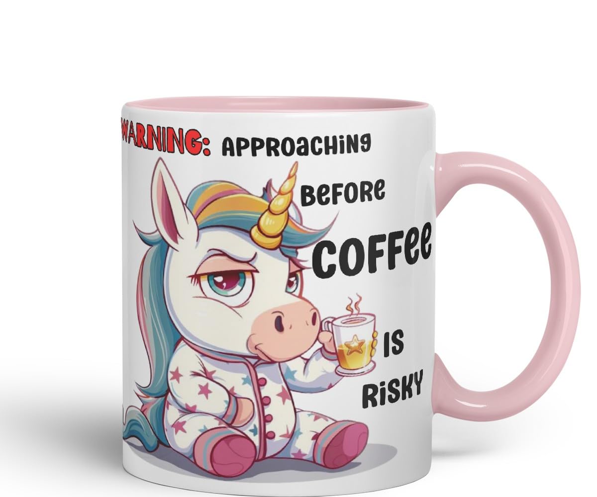 Vixar Warning Unicorn Coffee Mug – Approaching Before Coffee is Risky – Coloured Ceramic Mug Cup Gift, 11oz (Black)