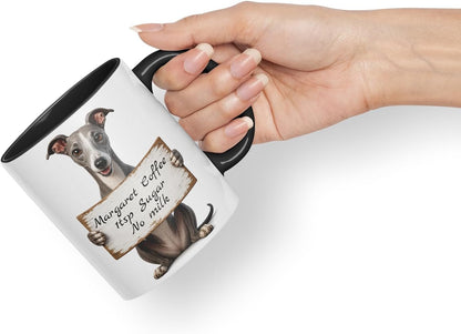Vixar Personalised Greyhound Mug with Name or Custom Message – Cute Animal Coloured Ceramic Mug Cup Gift, 11oz (Black)