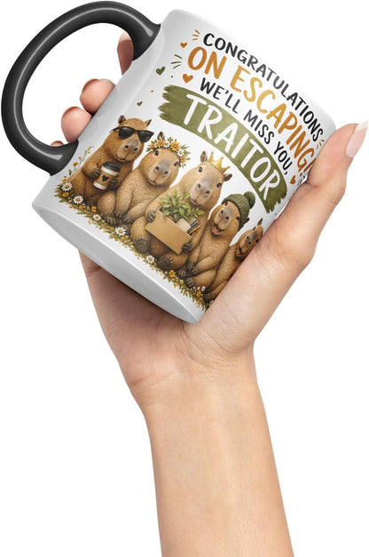 Vixar Congratulations on Escaping! We'll Miss You, Traitor Mug – Funny Coworker Leaving Colleague Goodbye Gift, 11oz (Black)