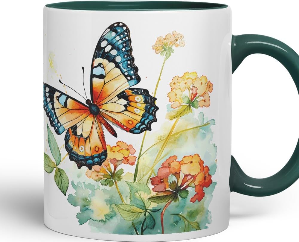 Vixar Ceramic Mug “Butterfly with Flowers” – Coloured Coffee & Tea Mug Cup 11oz 330ml (Dark Green)