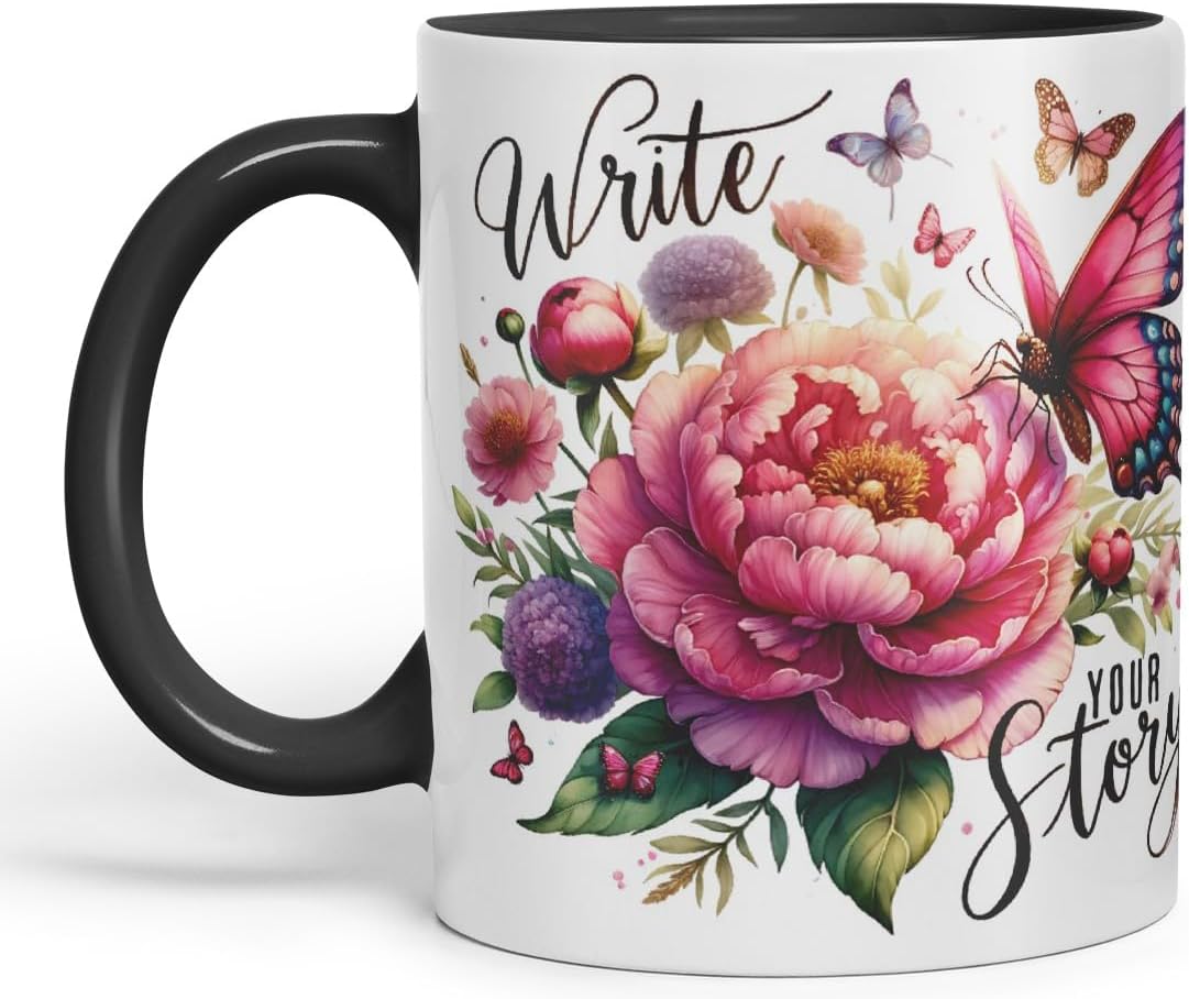 Vixar Write Your Story Butterfly Coloured Mug Cup Floral Inspirational Gift 11oz (Black)