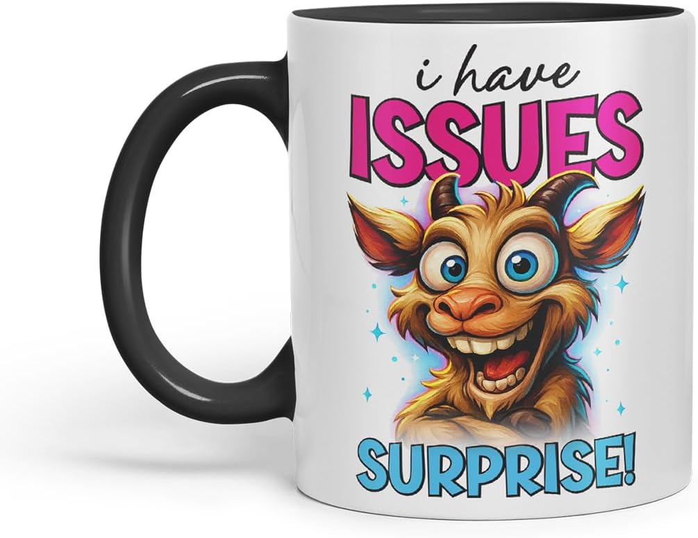 Vixar I Have Issues Surprise Funny Goat Mug – Coloured Ceramic Mug Cup Gift, 11oz (Black)