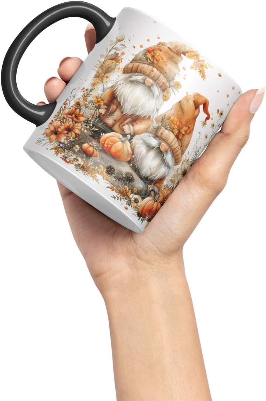 Vixar Ceramic Mug with Autumn Gnomes and Pumpkins Gnome Ceramic Coloured Mug Cup 330ml 11Oz (Black)