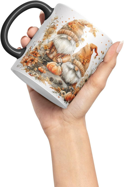 Vixar Ceramic Mug with Autumn Gnomes and Pumpkins Gnome Ceramic Coloured Mug Cup 330ml 11Oz (Black)