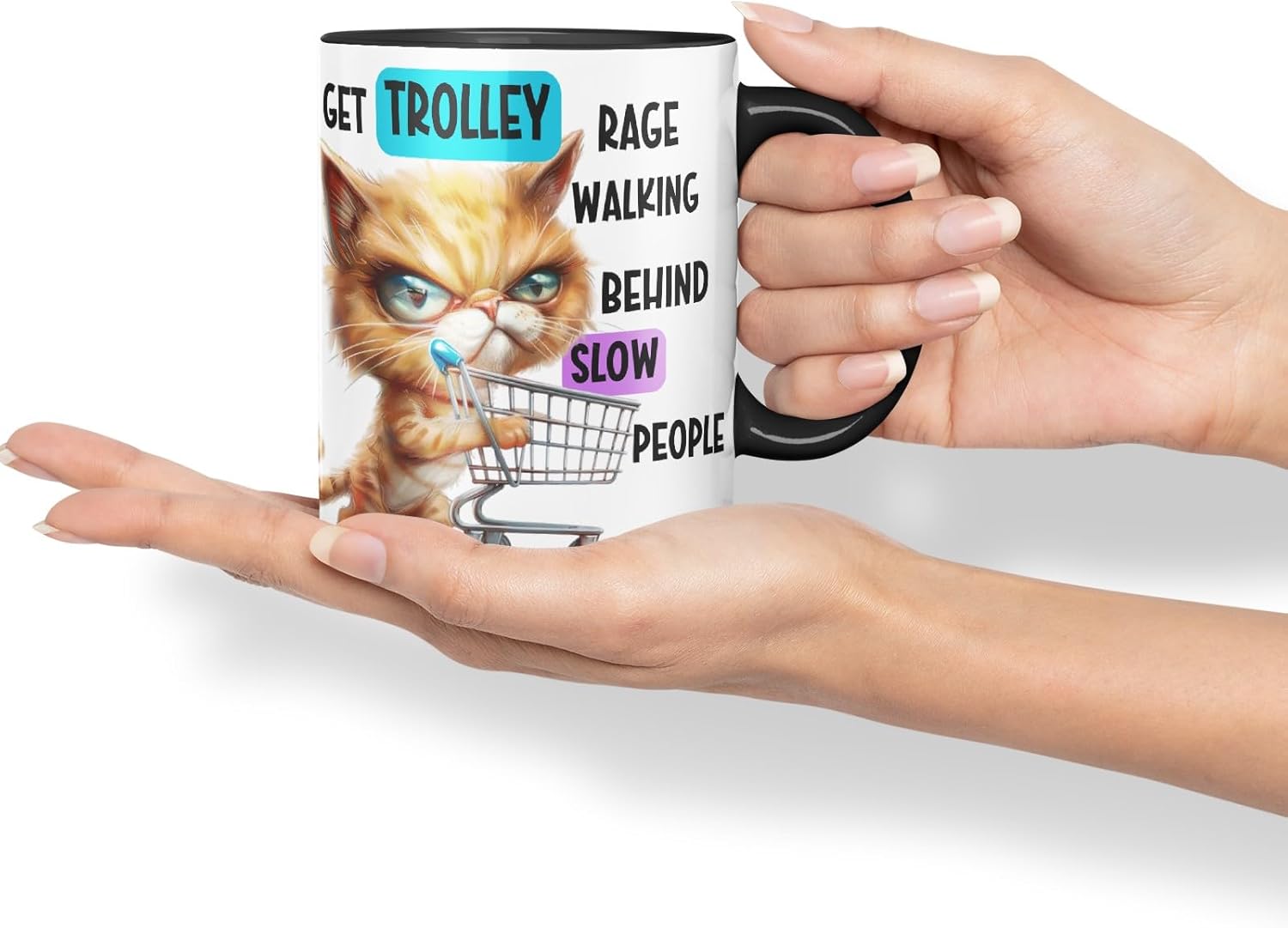 Vixar Trolley Rage Cat Mug – Angry Cat Shopping Quote – Coloured Ceramic Mug Cup Gift, 11oz (Black)