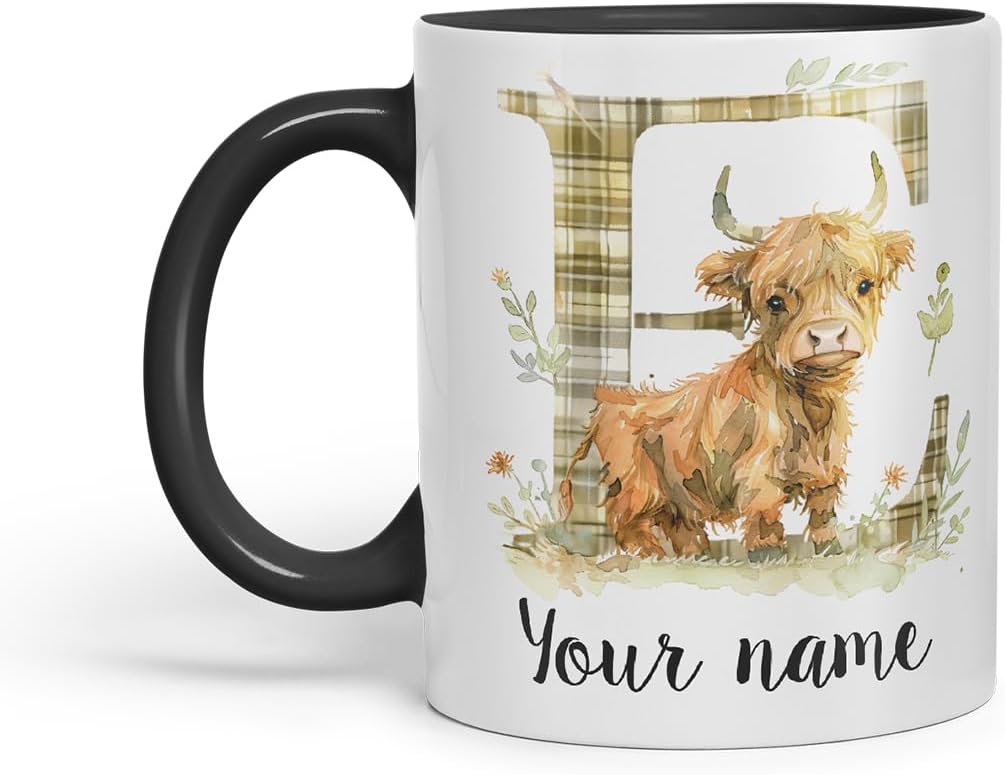 Vixar Personalised Highland Cow Initial Letter E Custom Name Mug – Coloured Ceramic Mug Cup Gift, 11oz (Black)