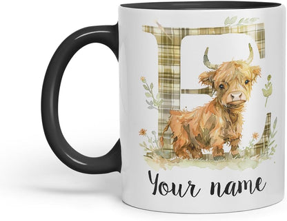 Vixar Personalised Highland Cow Initial Letter E Custom Name Mug – Coloured Ceramic Mug Cup Gift, 11oz (Black)