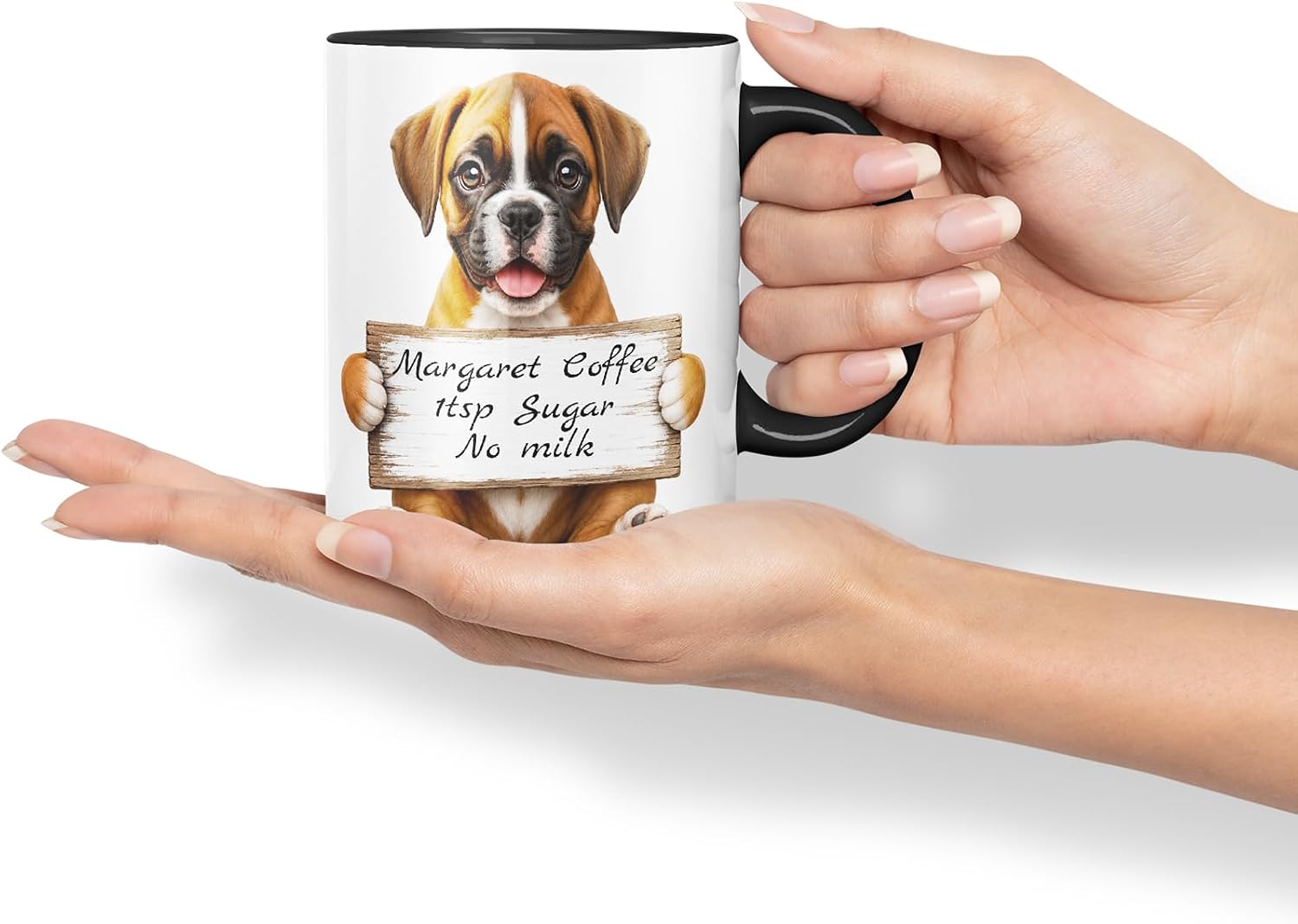 Vixar Personalised Boxer Dog Mug with Name or Custom Message – Cute Animal Coloured Ceramic Mug Cup Gift, 11oz (Black)