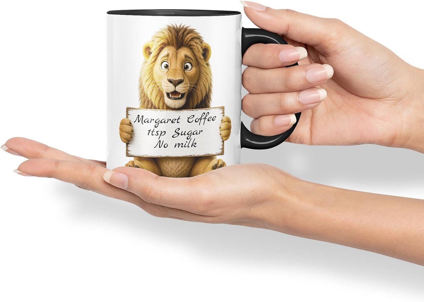 Vixar Personalised Lion Mug with Name or Custom Message – Cute Animal Coloured Ceramic Mug Cup Gift, 11oz (Black)