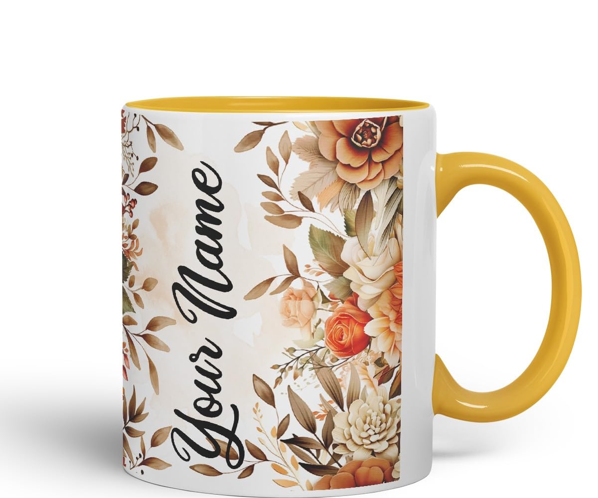 Vixar Personalised Autumn Flower Mug – Custom Your Name Coloured Ceramic Mug Cup Gift, 11oz (Black)