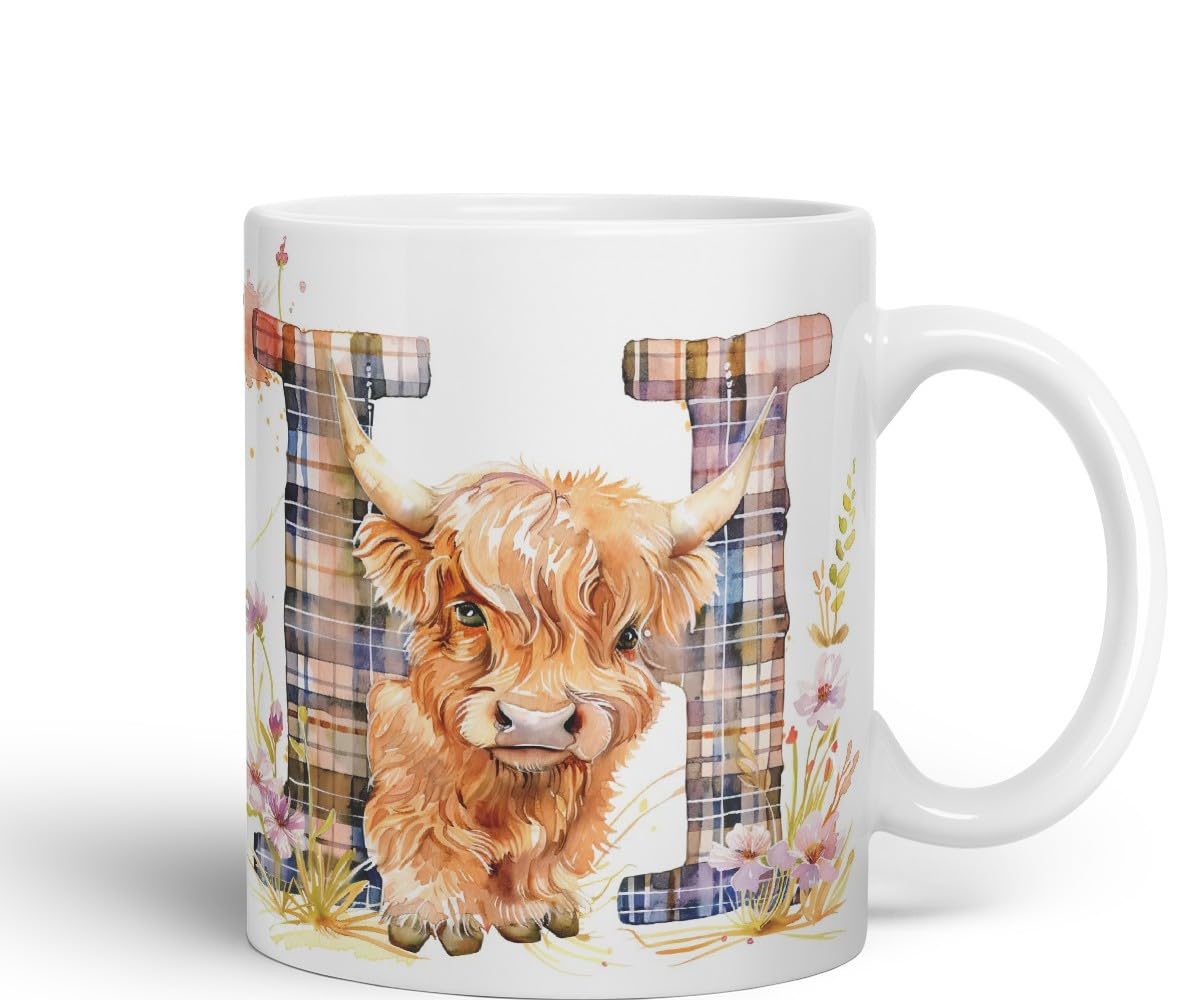 Vixar Highland Cow Alphabet Monogram Coloured Ceramic Cup Mug – Letter H – Rustic Farmhouse Animal Letter Gift – 11oz (Black)