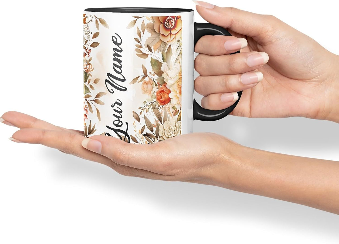 Vixar Personalised Autumn Flower Mug – Custom Your Name Coloured Ceramic Mug Cup Gift, 11oz (Black)