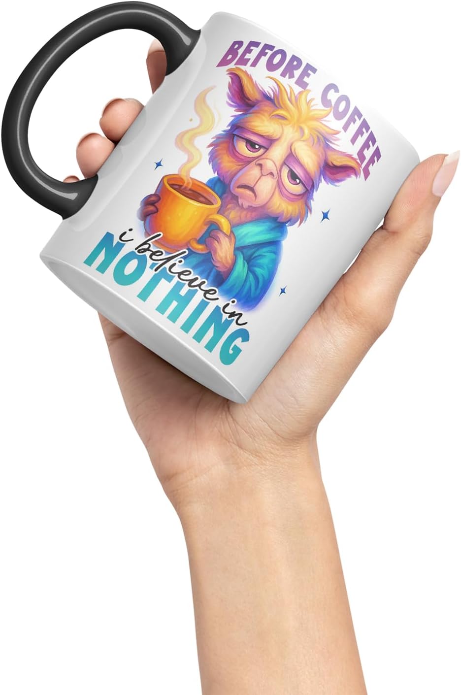 Vixar Before Coffee I Believe in Nothing Funny Llama Mug – Coloured Ceramic Mug Cup Gift, 11oz (Black)