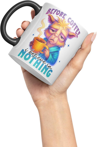 Vixar Before Coffee I Believe in Nothing Funny Llama Mug – Coloured Ceramic Mug Cup Gift, 11oz (Black)