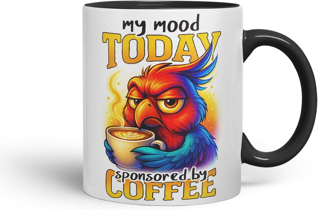 Vixar My Mood Today Sponsored By Coffee Funny Parrot Mug – Coloured Ceramic Mug Cup Gift, 11oz (Black)