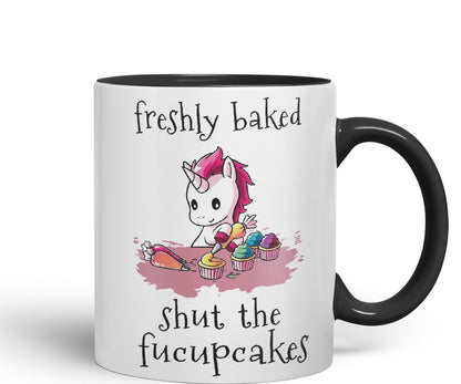 Freshly Baked, Shut The fucupcakes, Unicorn Sarcastic Joke Ceramic Coloured Mug Cup for Tea Coffee Hot Brew 330ml 11Oz