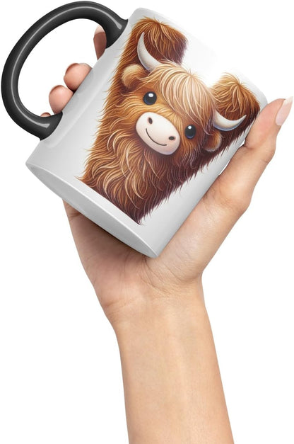 Highland Cow Alphabet Monogram Coloured Ceramic Cup Mug Letter V Rustic Farmhouse Animal Letter Gift V2 11oz (Black)