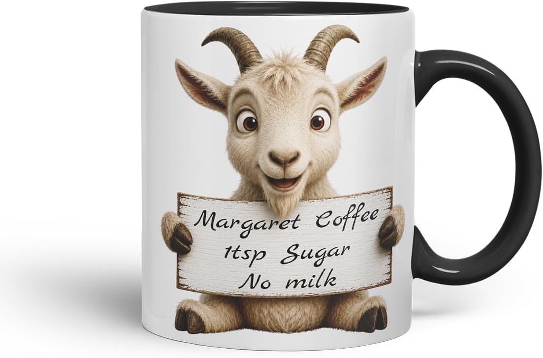 Vixar Personalised Goat Mug with Name or Custom Message – Cute Animal Coloured Ceramic Mug Cup Gift, 11oz (Black)
