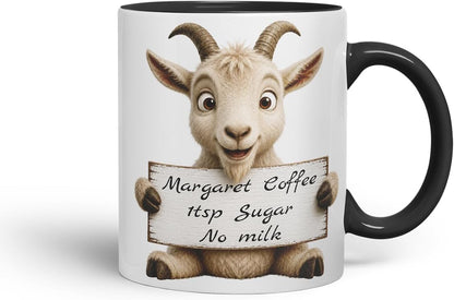 Vixar Personalised Goat Mug with Name or Custom Message – Cute Animal Coloured Ceramic Mug Cup Gift, 11oz (Black)