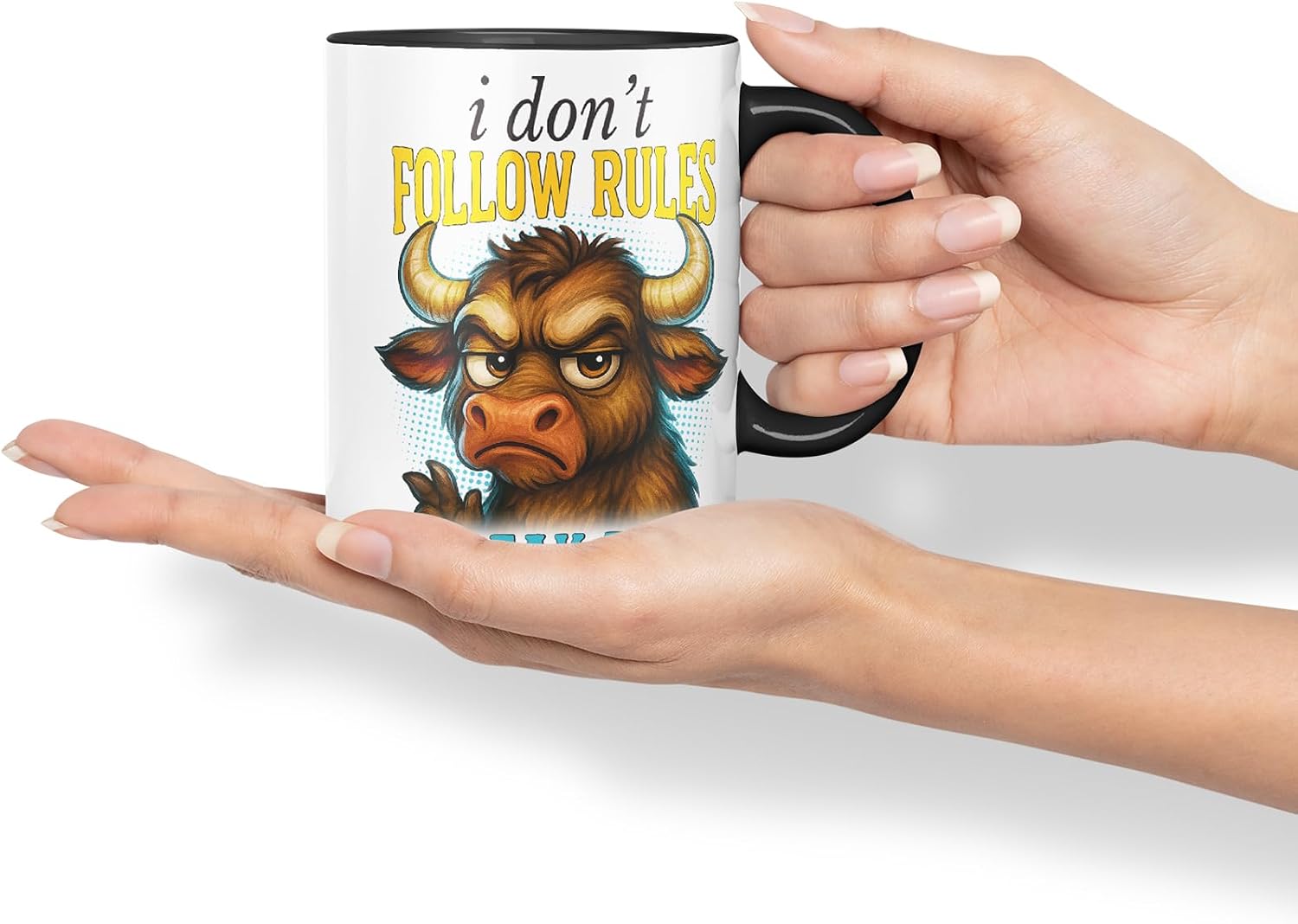 Vixar I Don't Follow Rules I Break Them Funny Bull Mug – Coloured Ceramic Mug Cup Gift, 11oz (Black)