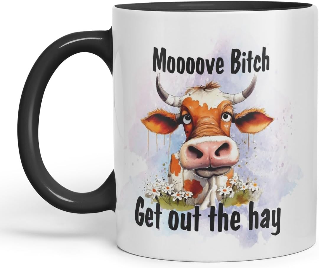 Vixar Moooove Bit.. Get Out The Hay Cow Joke Coloured Ceramic Mug Cup Gift, 11oz (Black)
