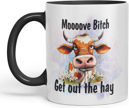 Vixar Moooove Bit.. Get Out The Hay Cow Joke Coloured Ceramic Mug Cup Gift, 11oz (Black)