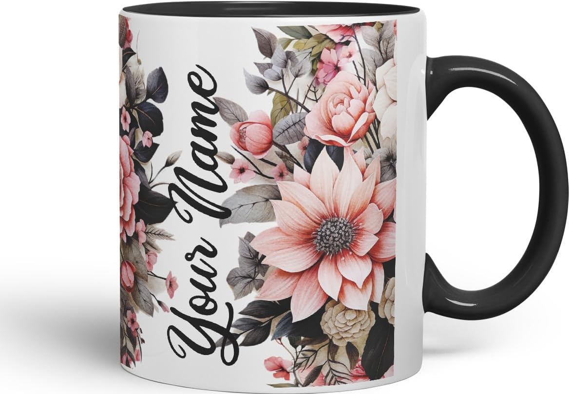 Vixar Personalised Rose Mug – Custom Your Name Coloured Ceramic Mug Cup Gift, 11oz (Black)