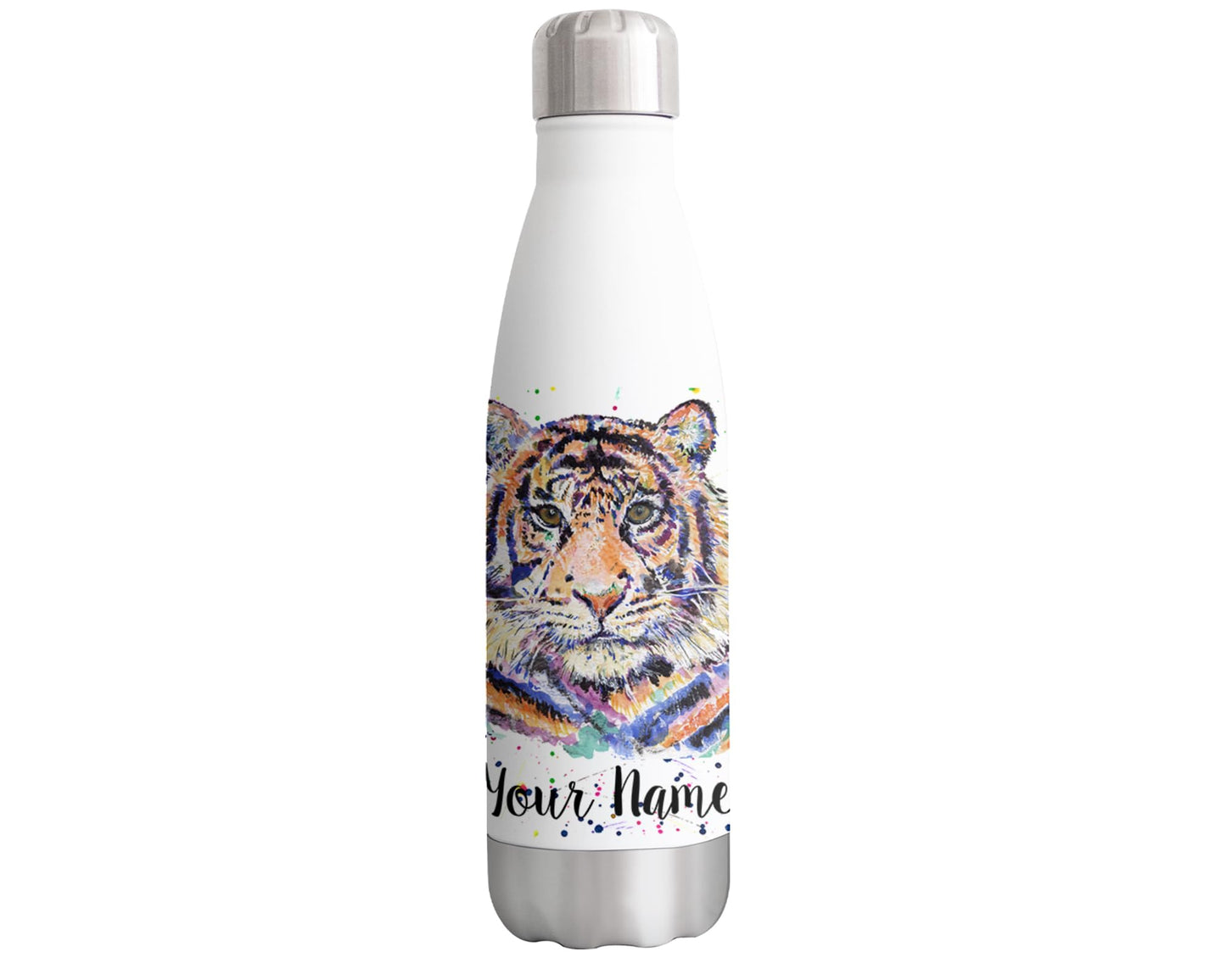 Vixar Tiger Personalised Custom Bottle with your Text/name Watercolour big cat safari Animals Bottle Double Wall Insulated Stainless Steel Sport Drinks 500ml