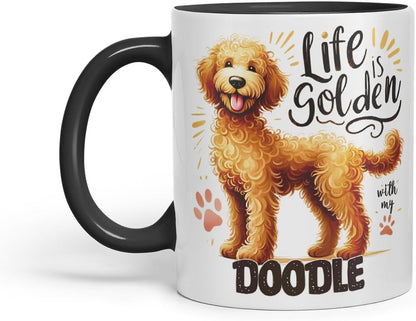 Vixar Life is Golden with My Doodle Dog Mug – Coloured Ceramic Mug Cup Gift, 11oz (Black)