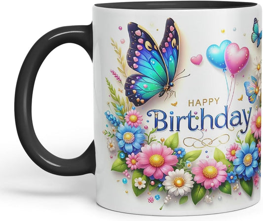 Vixar Happy Birthday Butterfly Floral Design Coloured Ceramic Mug Cup Gift 11oz V1 (Black)