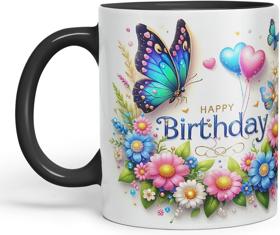 Vixar Happy Birthday Butterfly Floral Design Coloured Ceramic Mug Cup Gift 11oz V1 (Black)