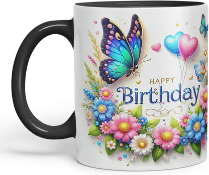 Vixar Happy Birthday Butterfly Floral Design Coloured Ceramic Mug Cup Gift 11oz V1 (Black)