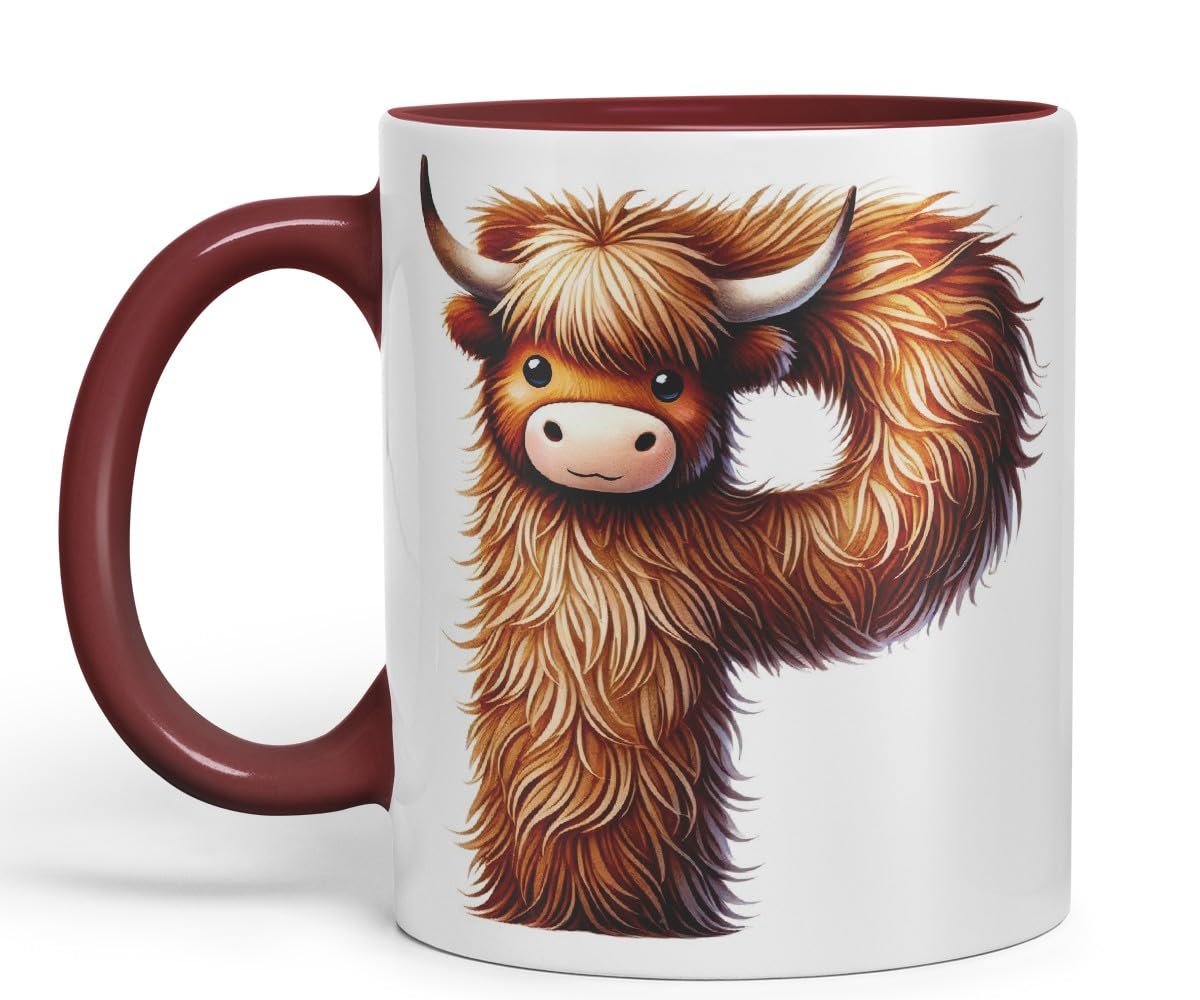 Highland Cow Alphabet Monogram Coloured Ceramic Cup Mug Letter P Rustic Farmhouse Animal Letter Gift V2 11oz (Black)