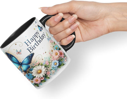 Vixar Happy Birthday Blue Butterfly Flowers Coloured Ceramic Mug Cup Gift 11oz V4 (Black)