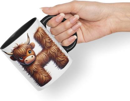 Highland Cow Alphabet Monogram Coloured Ceramic Cup Mug Letter H Rustic Farmhouse Animal Letter Gift V2 11oz (Black)