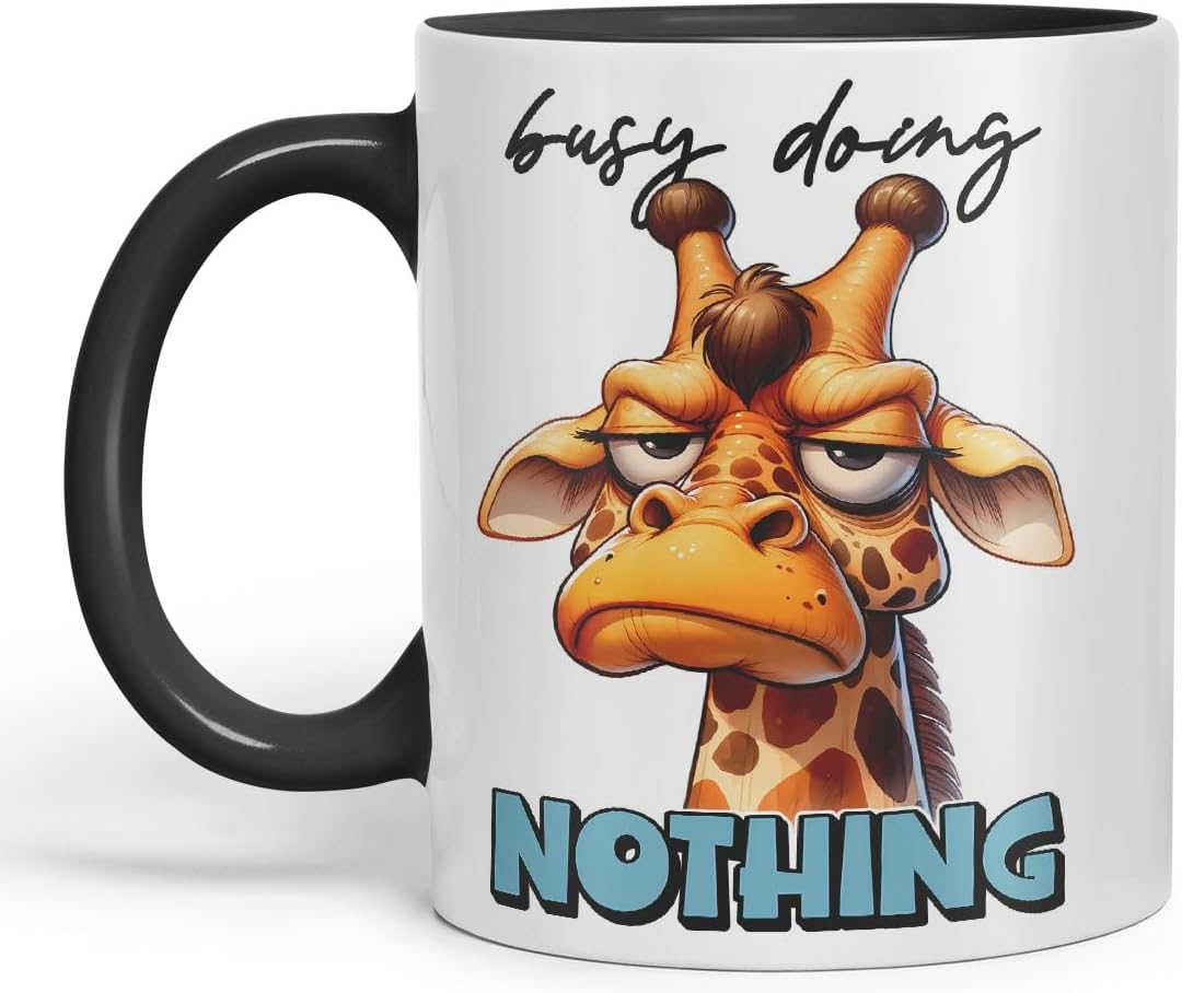 Vixar Busy Doing Nothing Sarcastic Giraffe Mug, Coloured Ceramic Cup 11oz (Black)