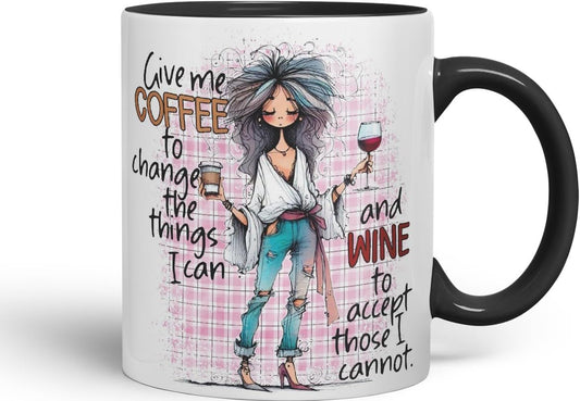 Vixar Give Me Coffee to Change The Things I Can and Wine to Accept Those I Cannot Coloured Mug Cup 11oz (Black)
