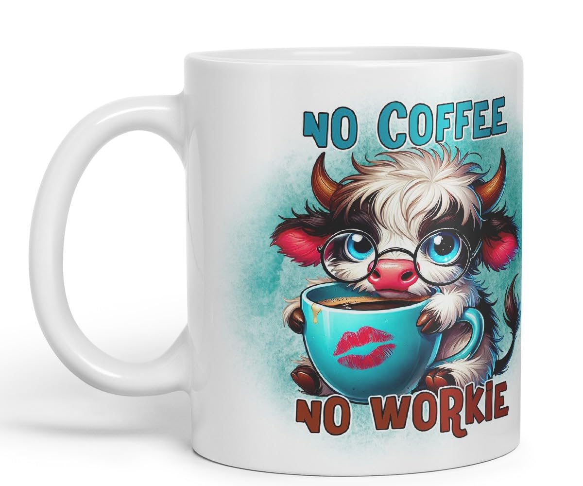 Vixar No Coffee No Workie Highland Cow Coloured Ceramic Mug Cup Gift for Coffee Lovers 11oz (Black)