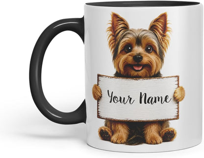 Vixar Personalised Yorkshire Terrier Dog Mug with Name or Custom Message – Cute Animal Coloured Ceramic Mug Cup Gift, 11oz (Black)