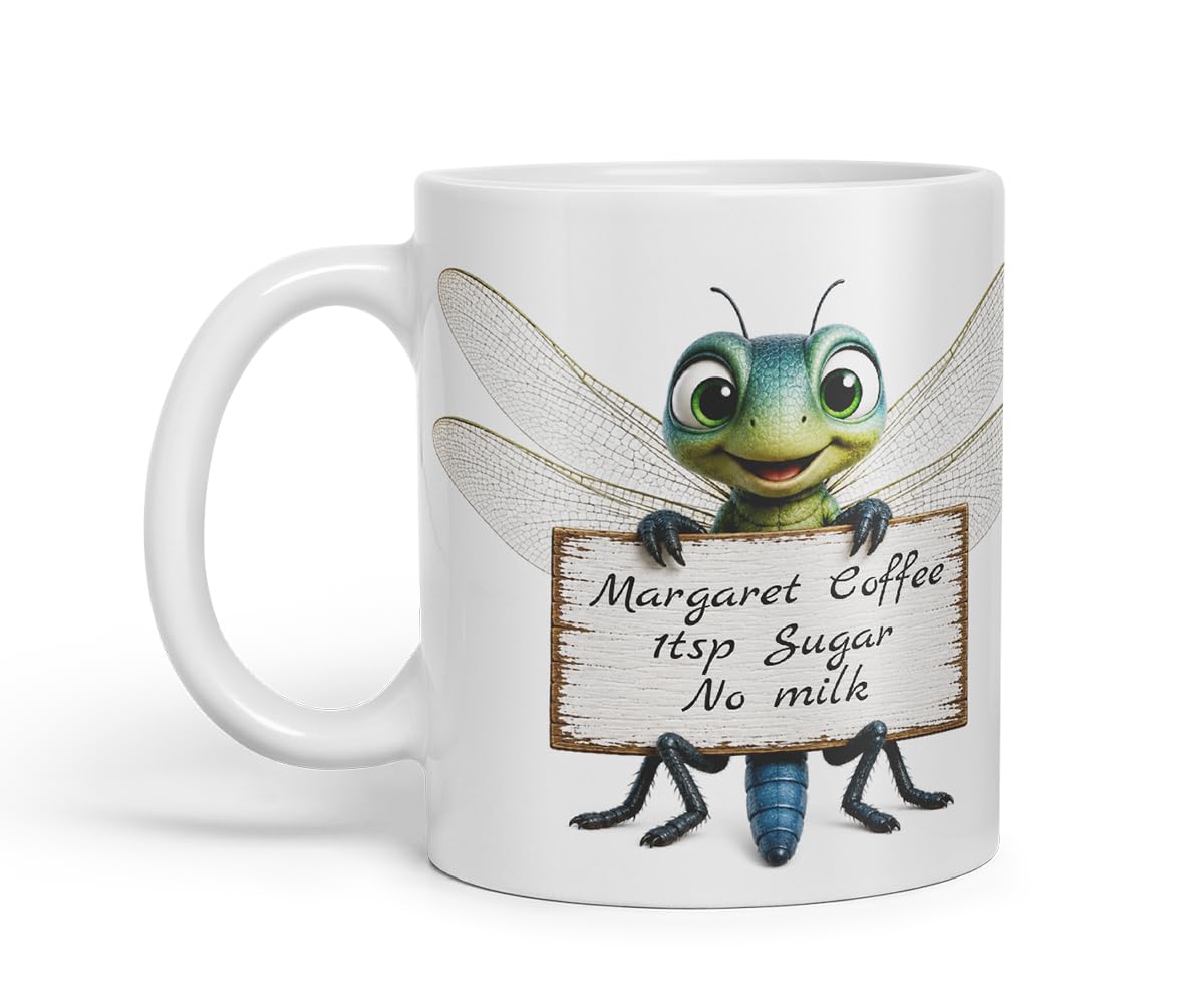 Vixar Personalised Dragonfly Mug with Name or Custom Message – Cute Animal Coloured Ceramic Mug Cup Gift, 11oz (Black)