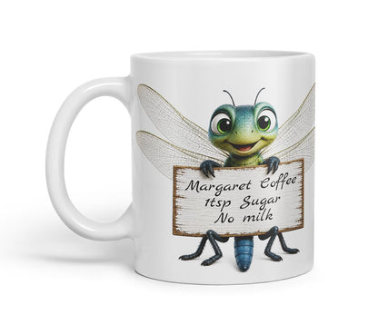 Vixar Personalised Dragonfly Mug with Name or Custom Message – Cute Animal Coloured Ceramic Mug Cup Gift, 11oz (Black)