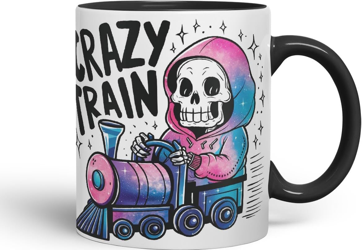 Vixar Crazy Train (Skeleton) – Coloured Ceramic Mug Cup Gift, 11oz (Black)