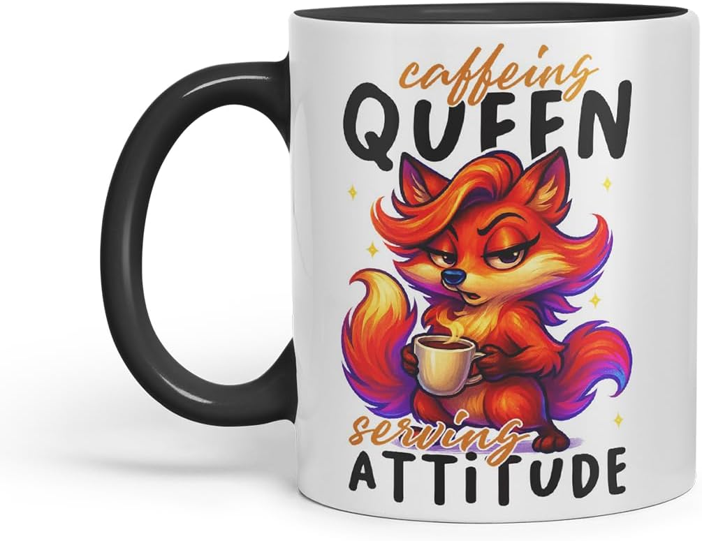 Vixar Caffeine Queen Serving Attitude Funny Fox Mug – Coloured Ceramic Mug Cup Gift, 11oz (Black)