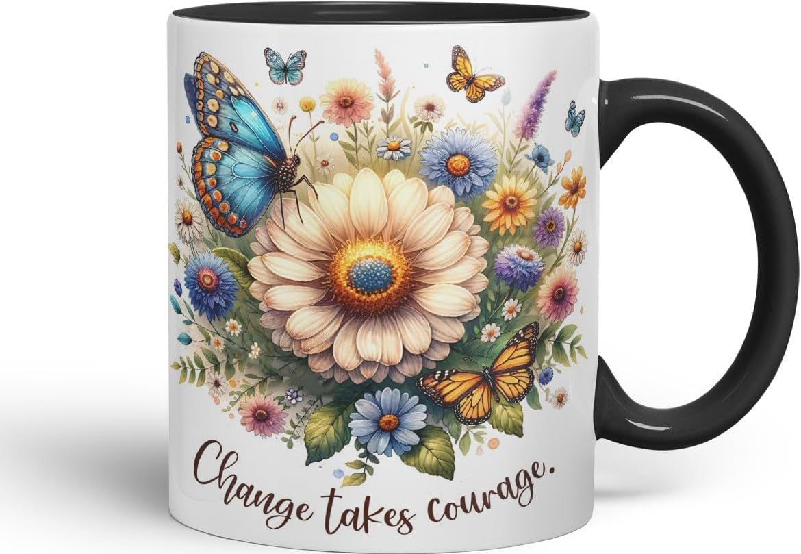 Vixar Change Takes Courage Butterfly Coloured Mug Cup Floral Nature Inspirational Gift 11oz (Black)
